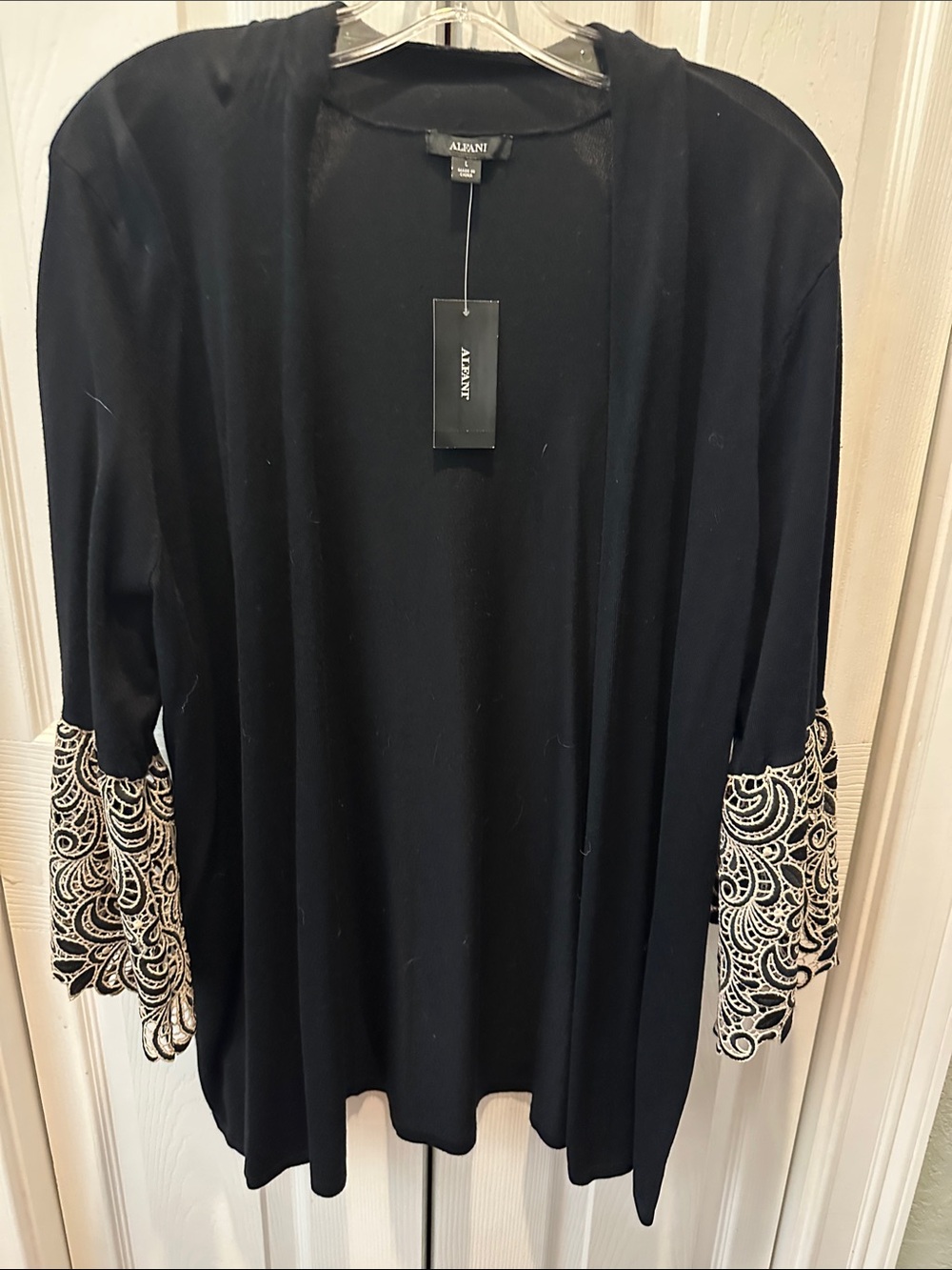 Alfani Black Open-Front Sweater with Cream Embroidered Cuffs